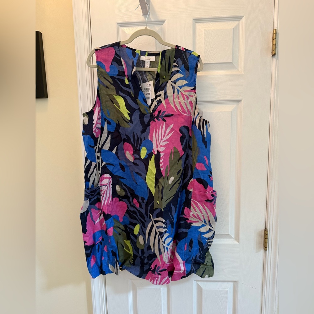 NWT Charter Club Blue, Pink  and Green Linen Dress with pockets XL